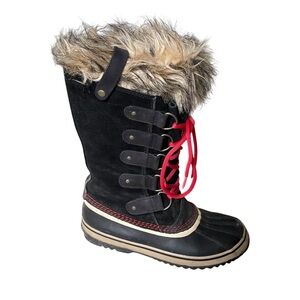 SOREL Joan of Arctic Lace Up Winter Waterproof Boots Black Red 8